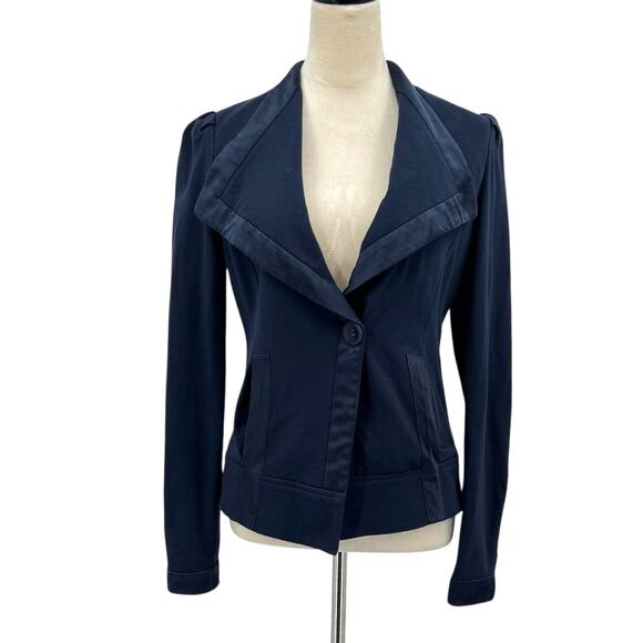 Nanette Lepore Navy Knit Silk Trim Collarless Single Button Office Blazer Jacket - Picture 1 of 13